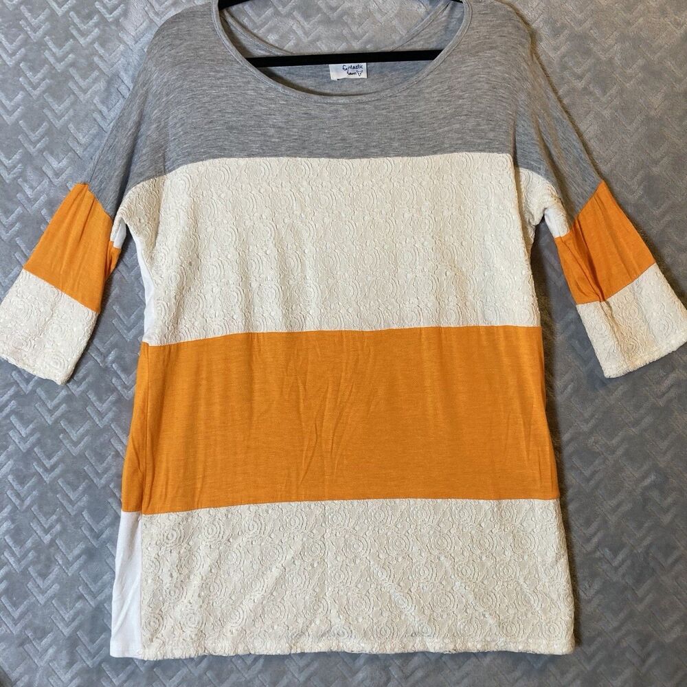 Fantastic Fawn Colorblock Orange Striped Knit Tunic Top Sweater Women Size Large